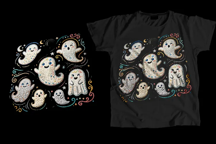 Cute Embroidered Ghost T-Shirt PNG 300 DPI