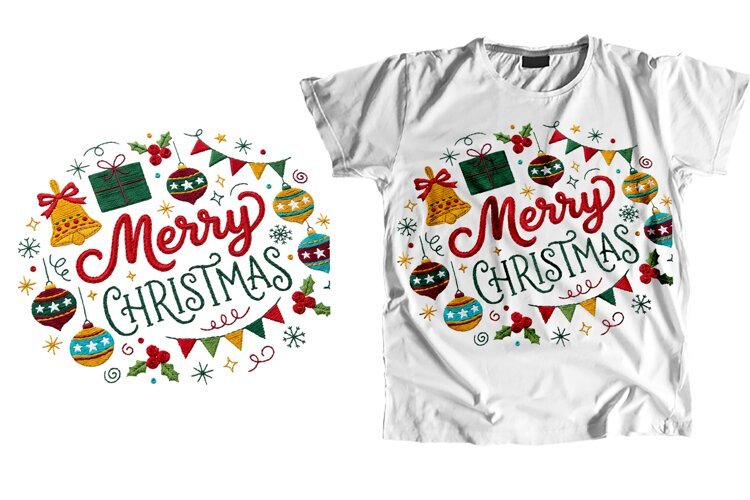 Embroidered Merry Christmas T-Shirt Sublimation PNG example image 1