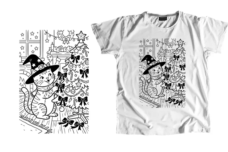 Witch Cat Holiday Fireplace Line Art PNG