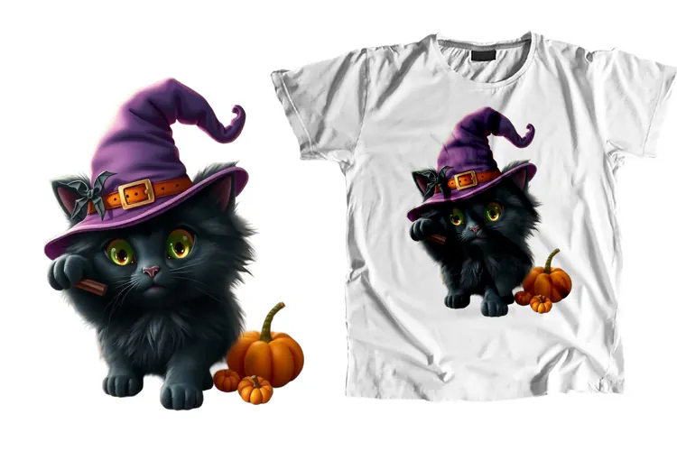 Black Cat T-Shirt PNG Halloween Witch Hat Sublimation Design
