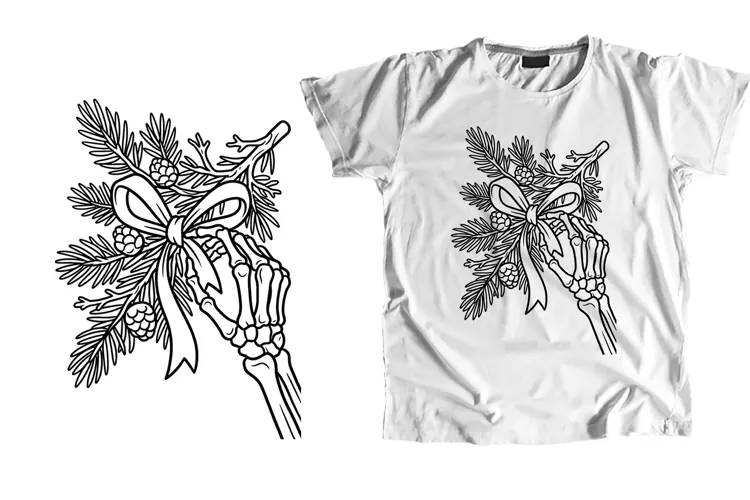 Skeleton Hand Pine Bow Creepmas Line Art PNG