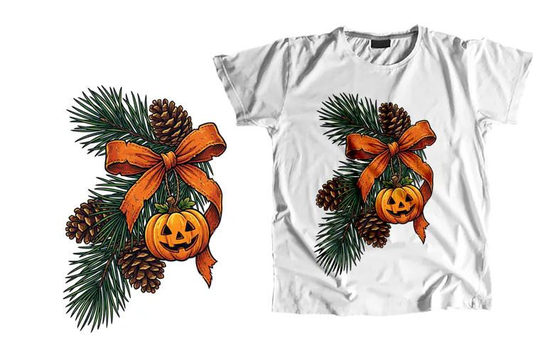 Vintage Orange Bow Pumpkin Pine Branch PNG