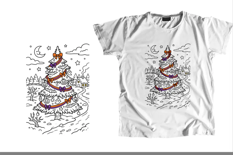 Gothic Spooky Orange Purple Ribbon Bow Tree Line Art PNG