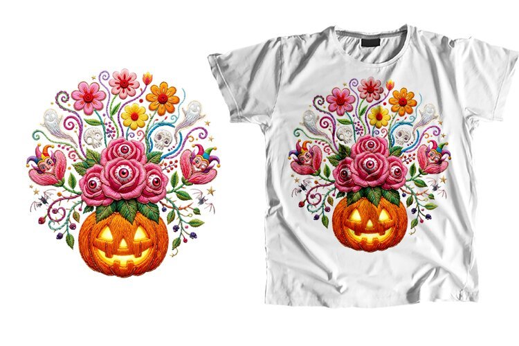 Embroidered Eyeball Rose Pumpkin Shirt PNG