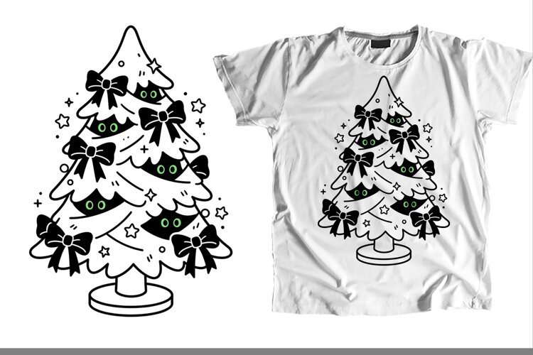 Gothic Spooky Christmas Tree Green Eyes Bows Line Art PNG example image 1