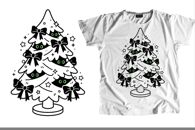 Gothic Spooky Christmas Tree Green Eyes Bows Line Art PNG