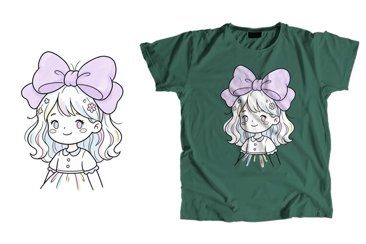 Cute Anime Girl T-Shirt PNG Bow Sublimation Design example image 1