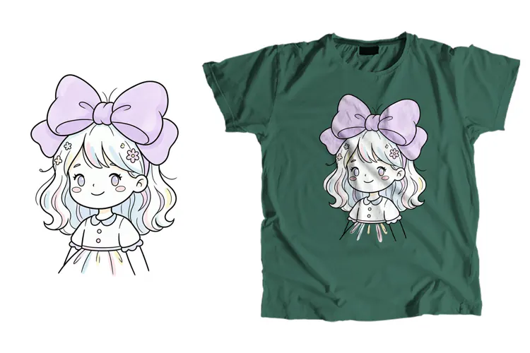 Cute Anime Girl T-Shirt PNG Bow Sublimation Design