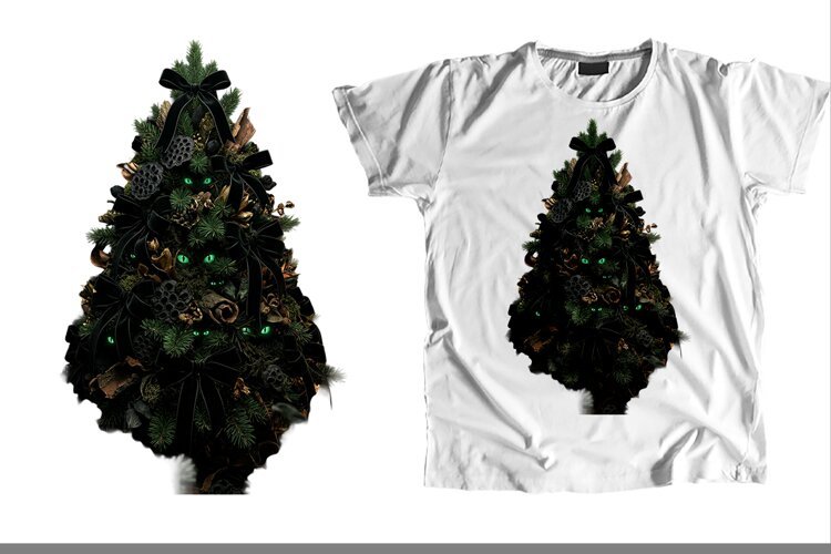 Gothic Christmas Tree Glowing Green Cat Eyes Black Bows PNG example image 1