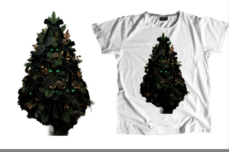 Gothic Christmas Tree Glowing Green Cat Eyes Black Bows PNG