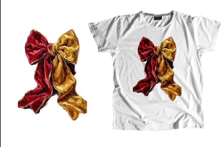 Vintage Red Gold Oil Painting Ribbon Bow PNG Sublimation example image 1