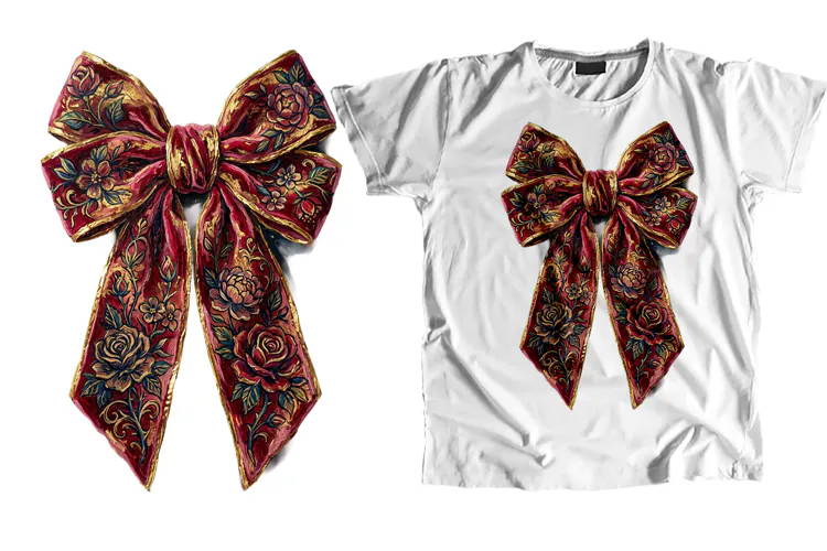 Vintage Floral Red Gold Velvet Coquette Bow PNG