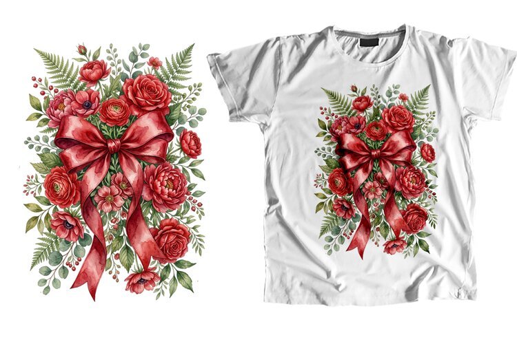 Watercolor Red Rose and Bow T-Shirt PNG example image 1