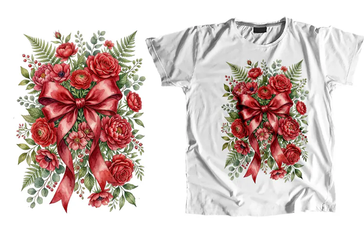 Watercolor Red Rose and Bow T-Shirt PNG