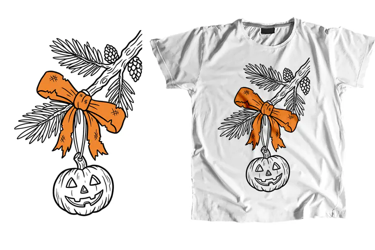 Spooky Patchwork Orange Bow Pumpkin Pine Branch PNG