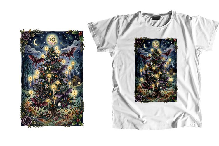 Gothic Watercolor Bat Candle Creepmas Tree PNG example image 1