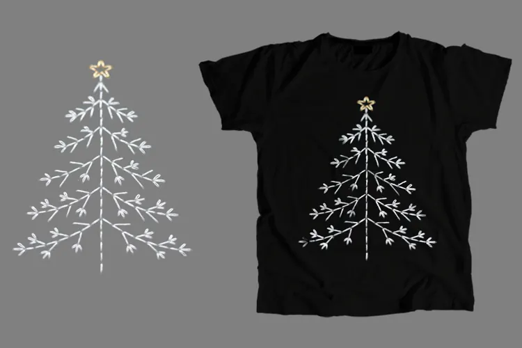 Embroidered Christmas Tree T-Shirt PNG Minimalist Holiday Ar