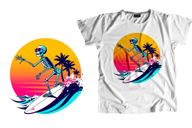Retro Surfing Skeleton T-Shirt PNG
