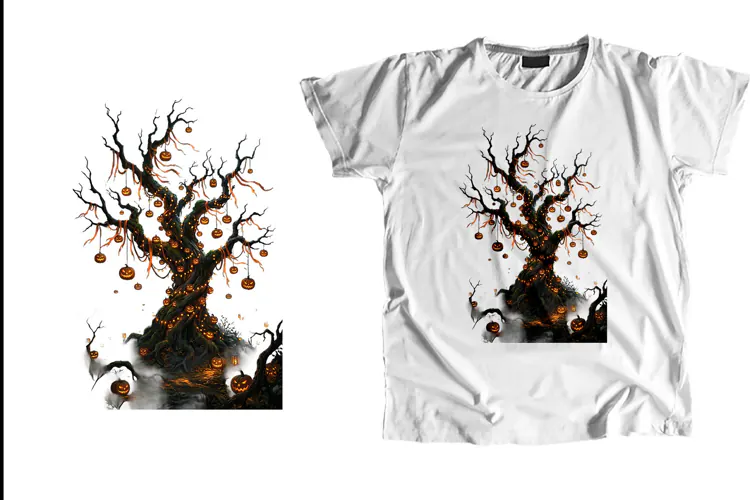 Gothic Spooky Pumpkin Tree Orange Ribbon Concept Art PNG
