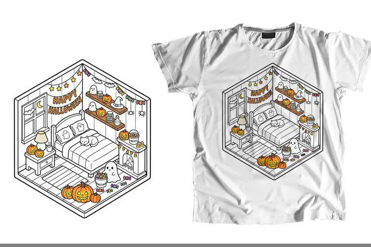 Isometric Halloween Bedroom T-Shirt PNG Spooky Sublimation