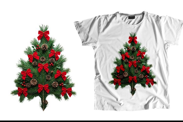 Christmas Tree T-Shirt PNG Pine Branch Red Bow Sublimation example image 1