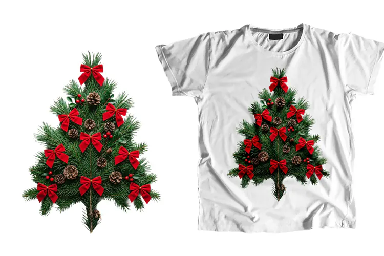 Christmas Tree T-Shirt PNG Pine Branch Red Bow Sublimation