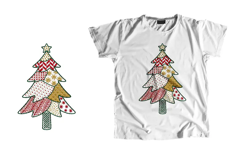 Embroidered Christmas Tree PNG Patchwork Tree Sublimation