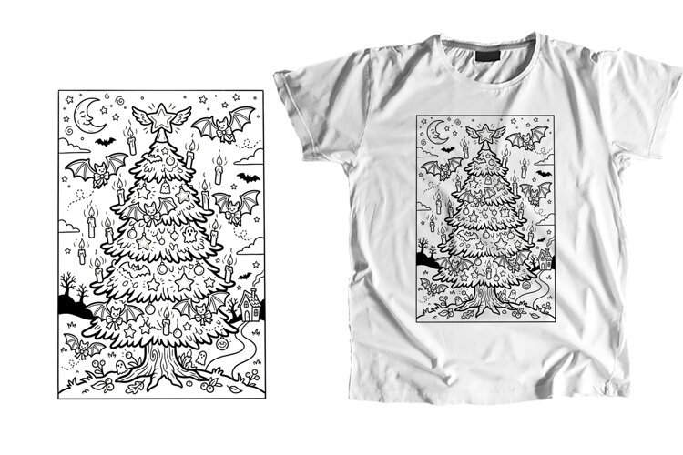 Gothic Bat Candles Creepmas Tree Line Art PNG example image 1