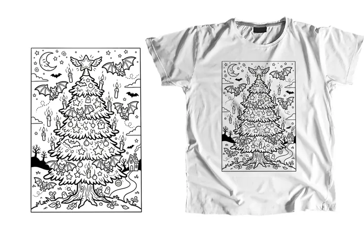 Gothic Bat Candles Creepmas Tree Line Art PNG