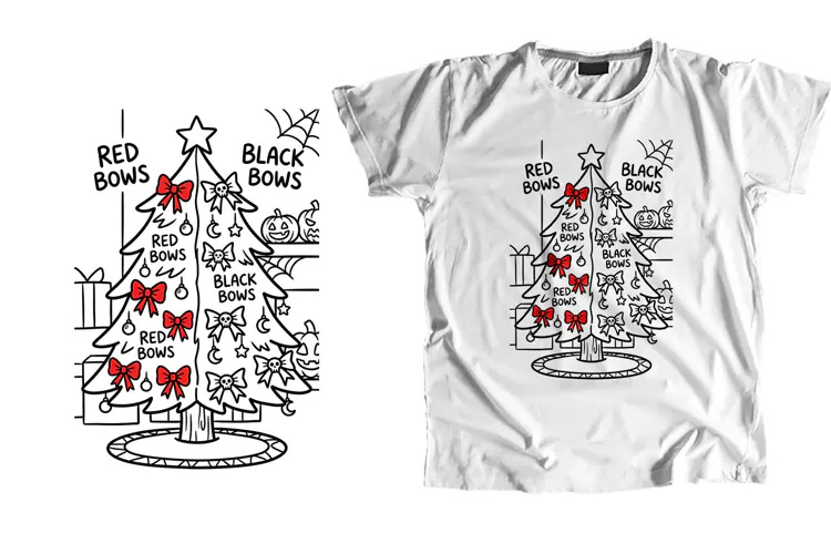 Split Red Black Bow Creepmas Tree Line Art PNG