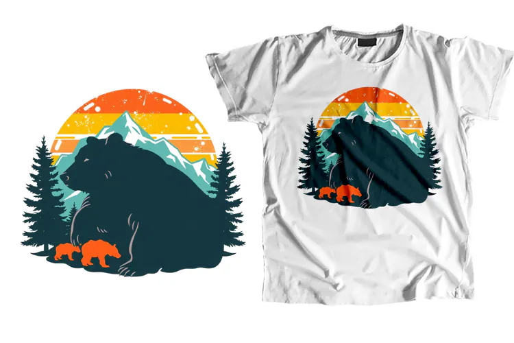 Vintage Bear T-Shirt PNG Mountain Sunset Sublimation Design