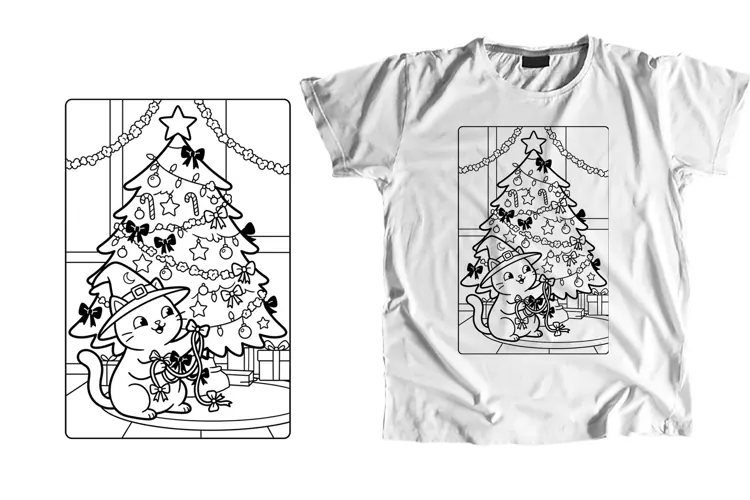 Witch Cat Christmas Tree Coloring Page Line Art PNG