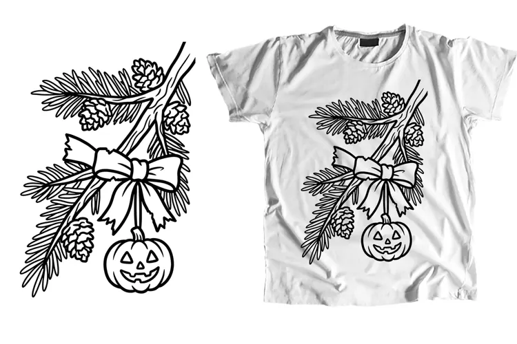 Minimalist Pine Branch Bow Pumpkin Line Art PNG
