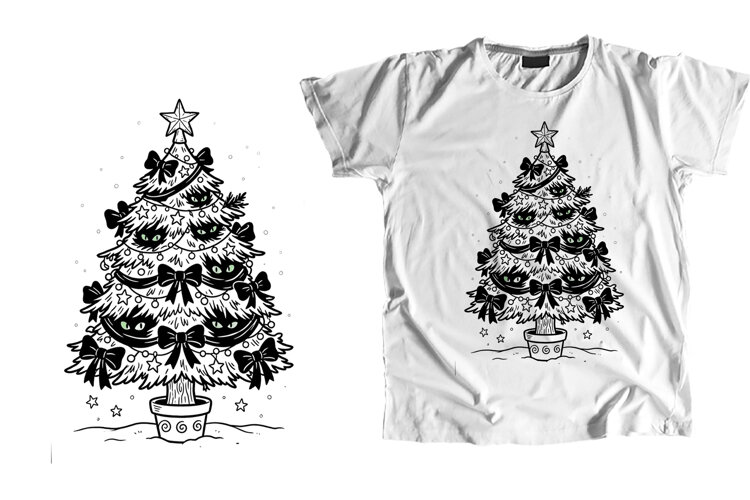 Spooky Black Cat Glowing Eyes Christmas Tree PNG example image 1
