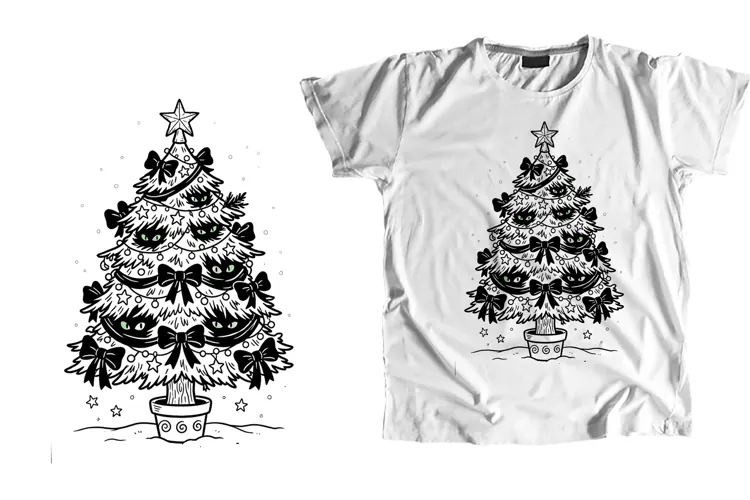 Spooky Black Cat Glowing Eyes Christmas Tree PNG