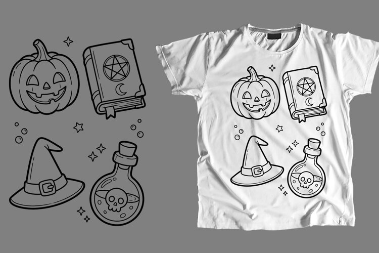 Witchy Halloween PNG Coloring Shirt Spellbook Pumpkin Sublim example image 1