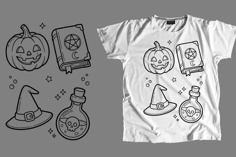 Witchy Halloween PNG Coloring Shirt Spellbook Pumpkin Sublim