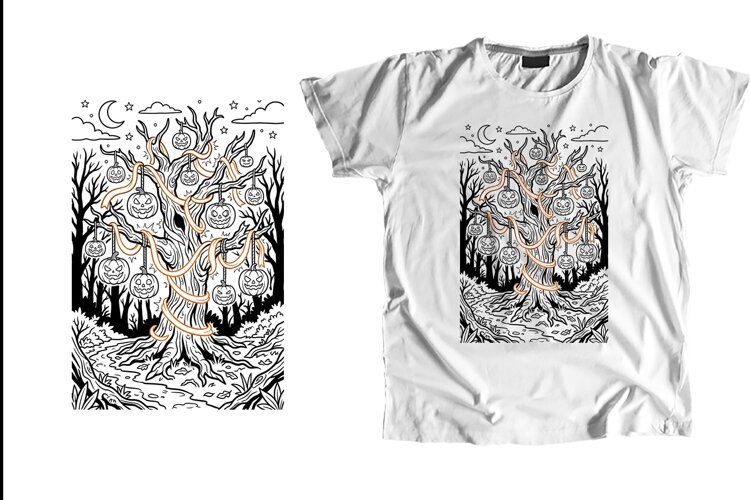 Gothic Spooky Pumpkin Tree Orange Ribbon Line Art PNG example image 1