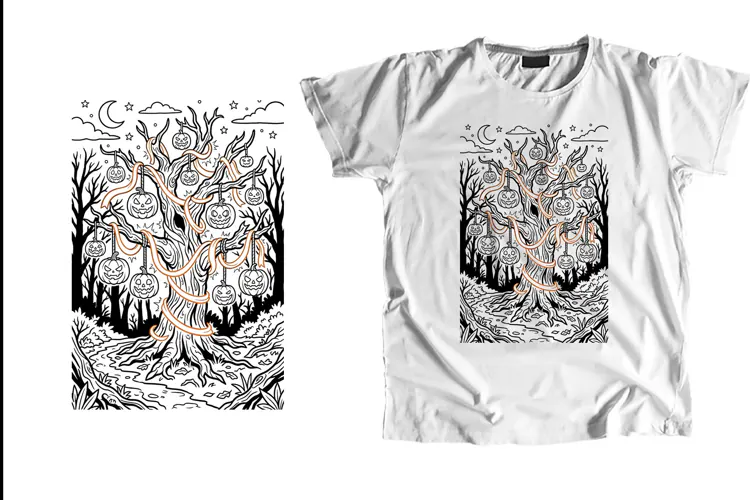 Gothic Spooky Pumpkin Tree Orange Ribbon Line Art PNG