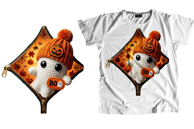 Crochet Ghost Zipper T-Shirt PNG Cute Halloween Sublimation