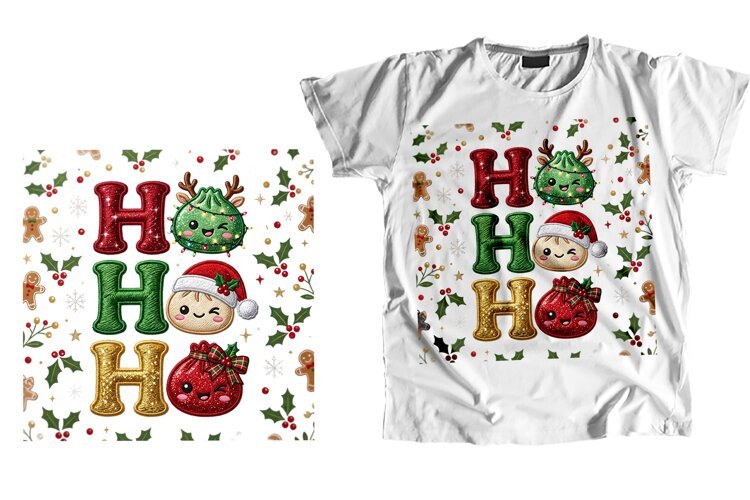 Embroidered Christmas Dumpling T-Shirt PNG Ho Ho Ho Design example image 1