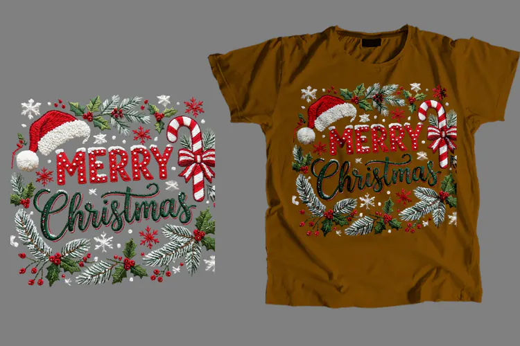 Embroidered Merry Christmas T-Shirt PNG Sublimation Design