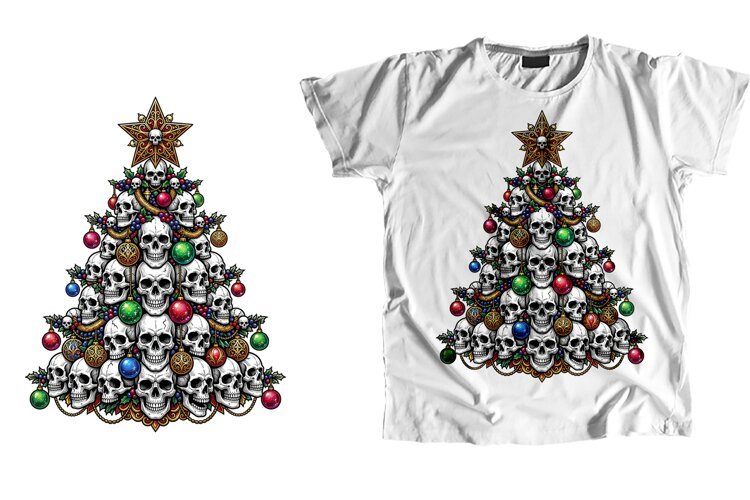Ornate Skull Christmas Tree T-Shirt PNG Sublimation Art example image 1
