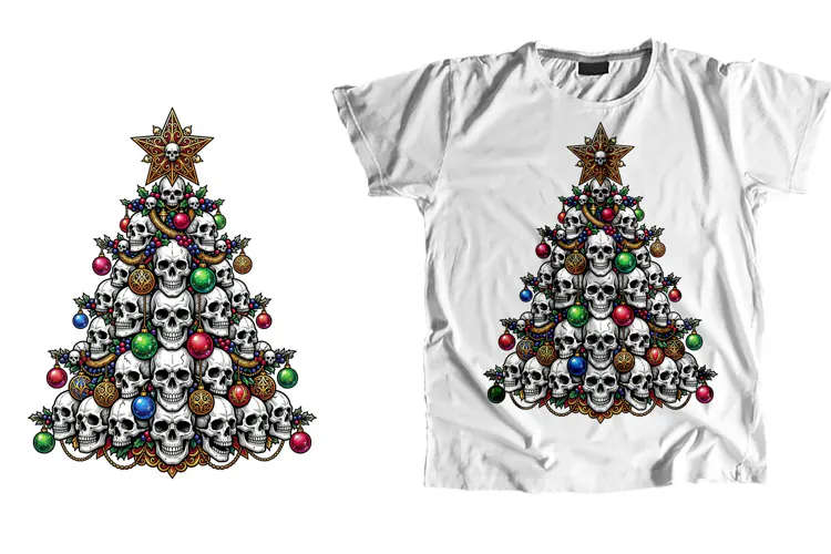 Ornate Skull Christmas Tree T-Shirt PNG Sublimation Art
