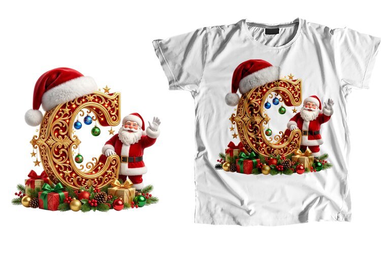 Christmas Monogram Letter C T-Shirt Sublimation PNG Design example image 1