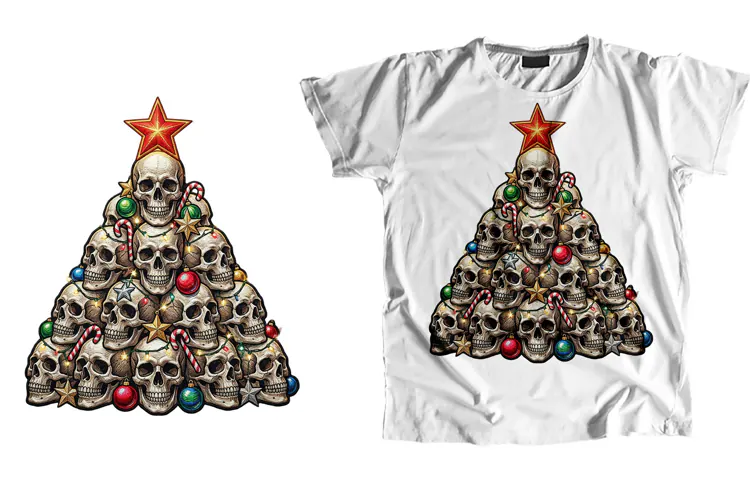 Gothic Skull Christmas Tree T-Shirt PNG Sublimation Art