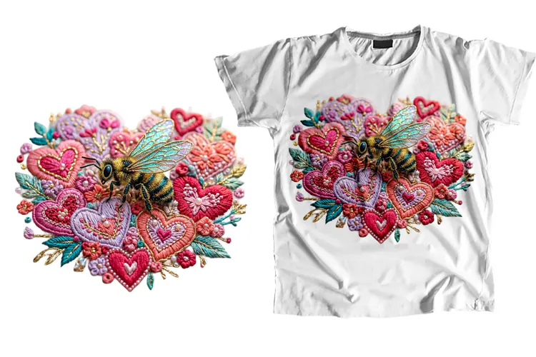 Embroidered Bee Heart T-Shirt PNG Sublimation Art