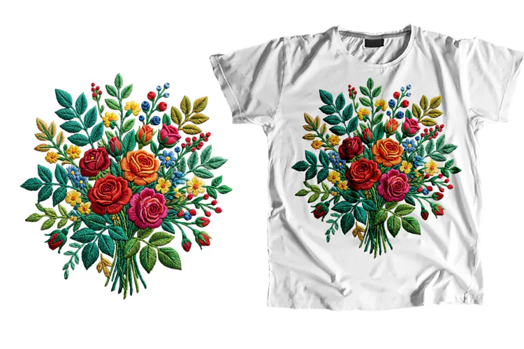 Embroidered Rose Bouquet T-Shirt PNG Sublimation Art
