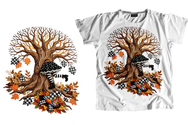 Embroidered Fall Witch Tree T-Shirt PNG Halloween Design