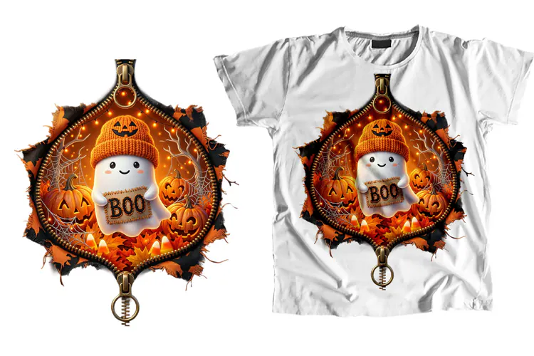 Ghost Zipper T-Shirt PNG Cute Halloween Sublimation Design